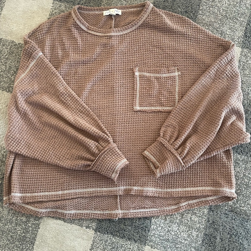 She + Sky Textured Brown Crew Neck Sweater
